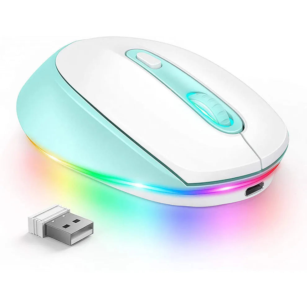 24g rechargeable wireless mouse in various colours, shown with USB charging cable.