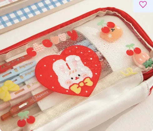 Japanese transparent heart-shaped pen bag with rabbit designs in red love rabbit and pink cake rabbit patterns