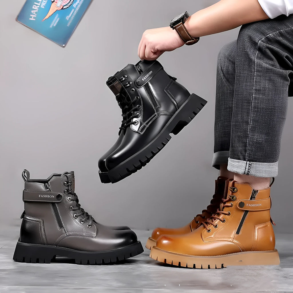 Men's light brown leather Martin boots with side zipper and thick rubber sole.