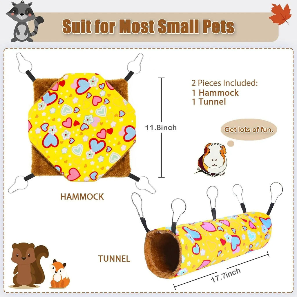 Small pet fabric hammock set with hanging hammock and tubular tunnel for hamsters in yellow heart pattern
