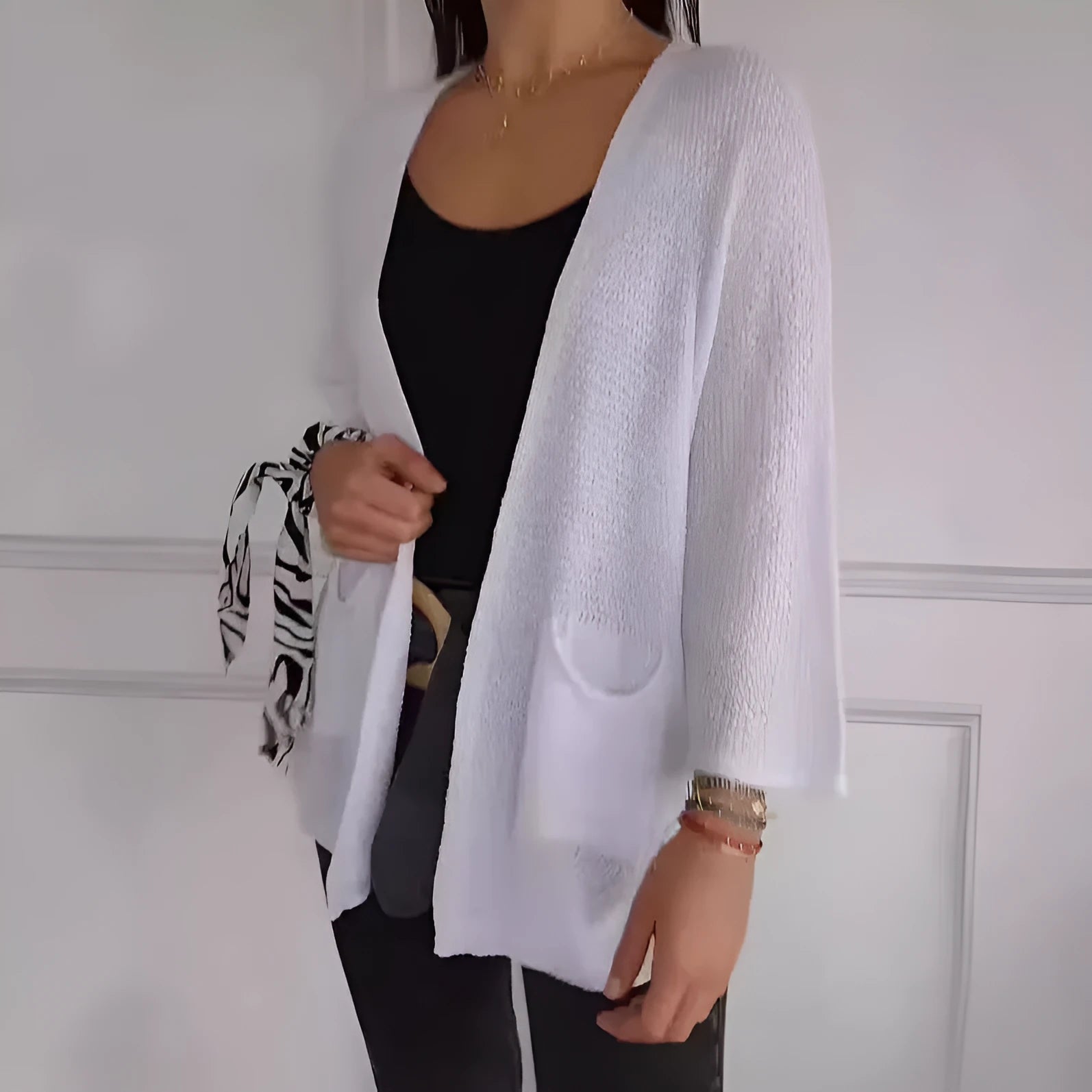 Women's thin waffle knit cardigan coat with nine-quarter sleeves and pockets in army green colour