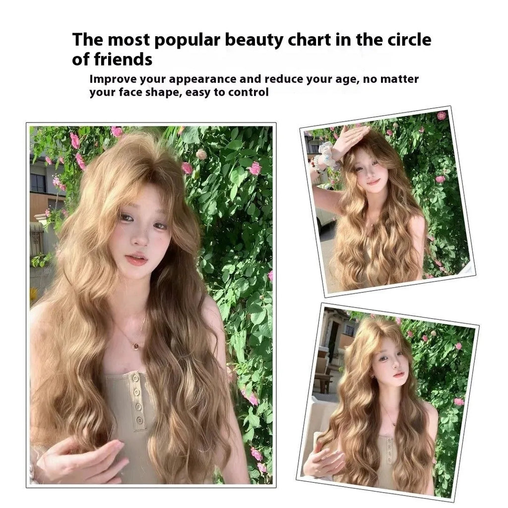 Medium-sized synthetic wig with long curly hair in a linen brown colour, shown with an attached hair net.