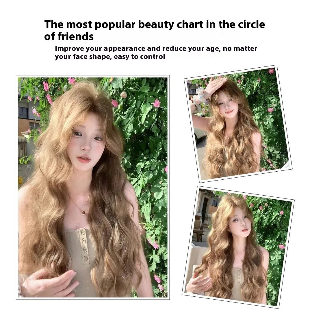Medium-sized synthetic wig with long curly hair in a linen brown colour, shown with an attached hair net.