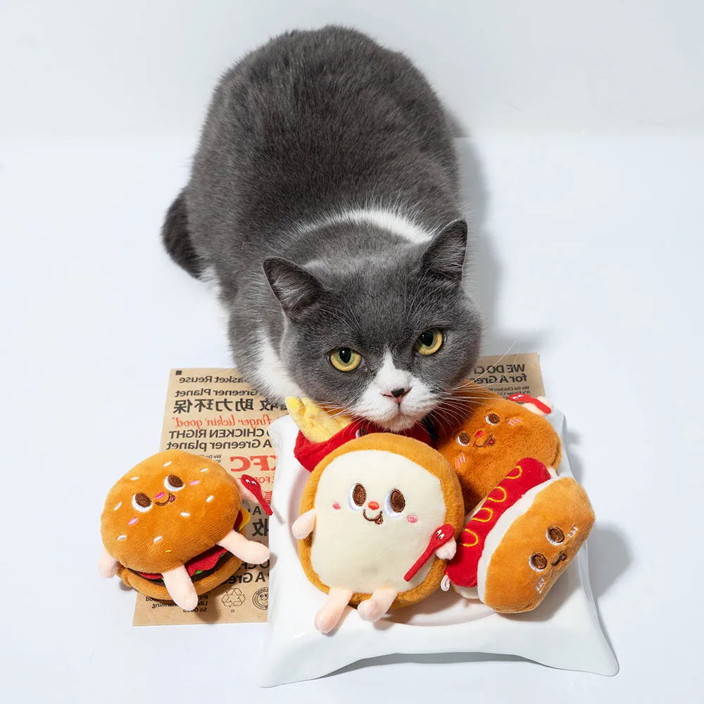 Set of five cat teething toys shaped like hamburger, chicken leg, fries, bread and hot dog