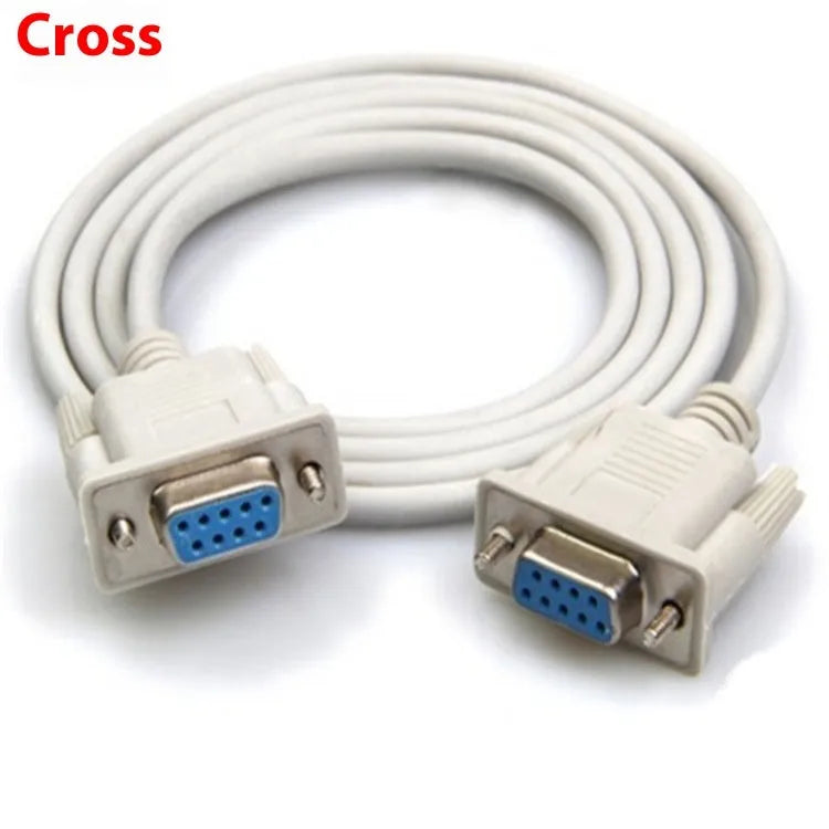 Close-up of a milky white DB9 female to female RS232 serial port cable, 1.5 metres long.