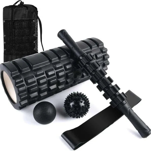 33cm black fitness foam roller massage stick with gear bar design on white background