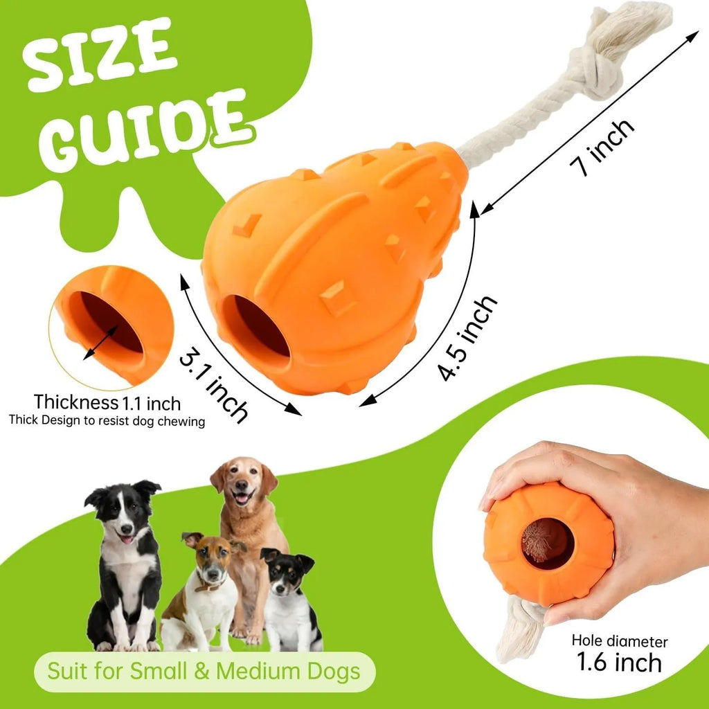 30cm long natural rubber dog toy with hollow treat-dispensing interior and longer tugging strap