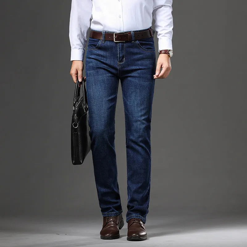 Stretch jeans in black and blue denim with straight-leg fit and high elasticity fabric