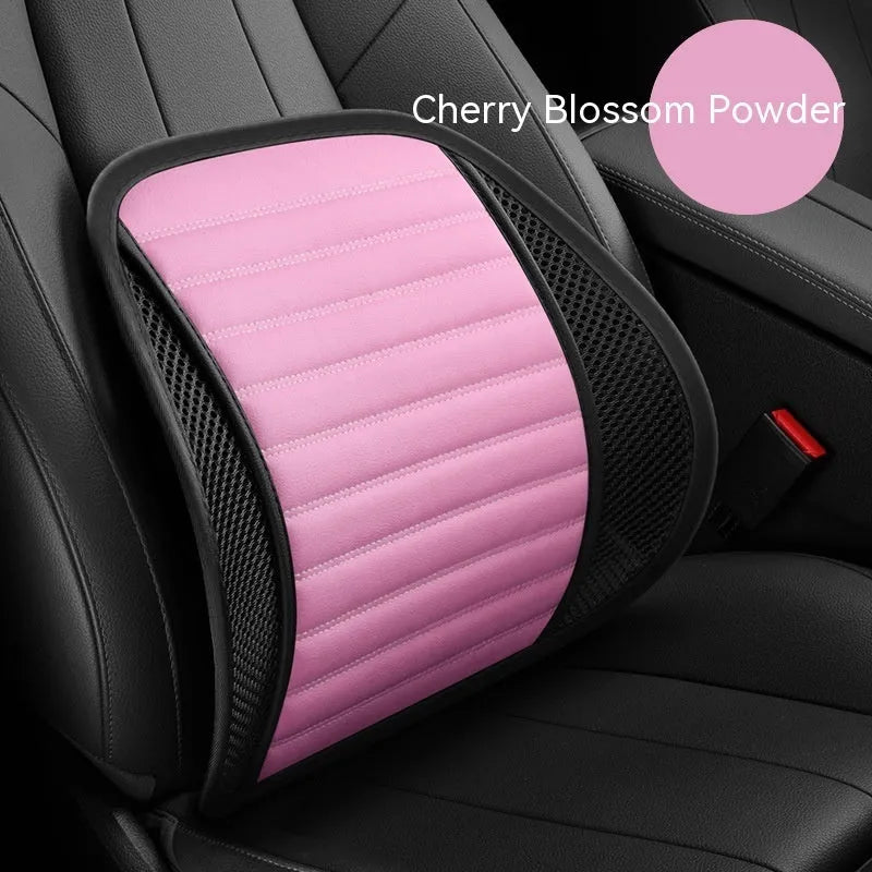 Genuine leather car lumbar support cushion shown in sapphire blue colour