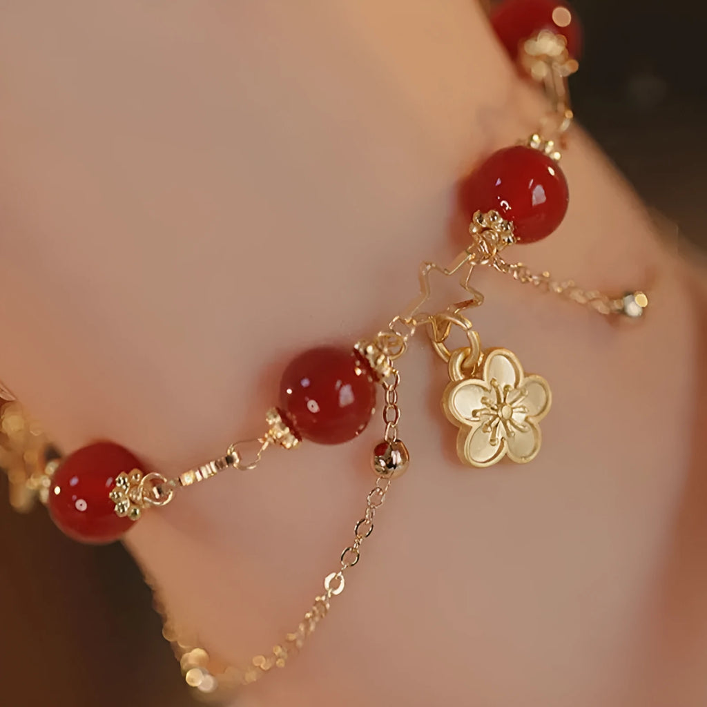 Red agate double layer bracelet with floral peach blossom design, handcrafted women's jewellery