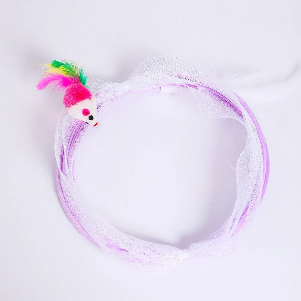 S-type cat tunnel toy with elastic net covering and feather, shown on a floor.