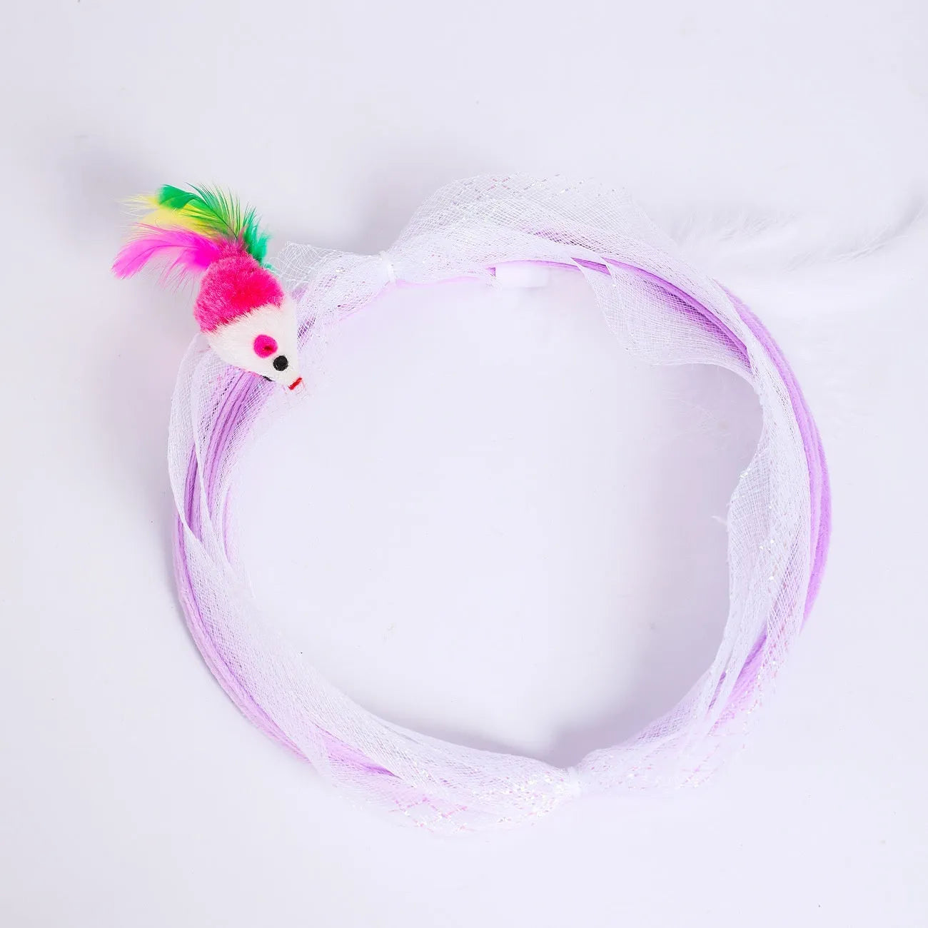 S-type cat tunnel toy with elastic net covering and feather, shown on a floor.