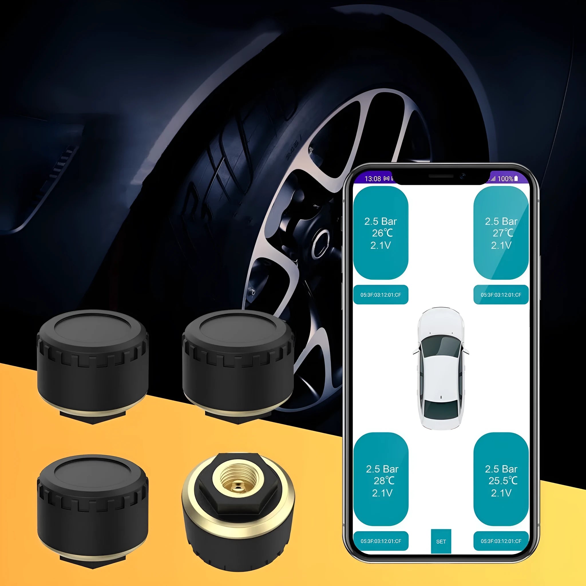 Four black Bluetooth tyre pressure monitors for mobile phone display with IP67 waterproof rating