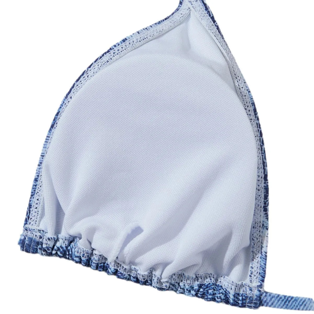 Women's denim blue strappy bikini set with printed design and two-piece swimwear construction