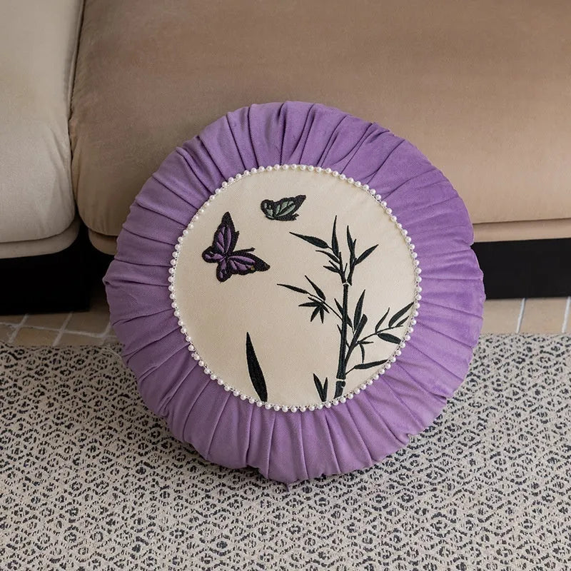 Butterfly embroidery cushion Chinese-style floral pattern 45x45 cm beige black purple