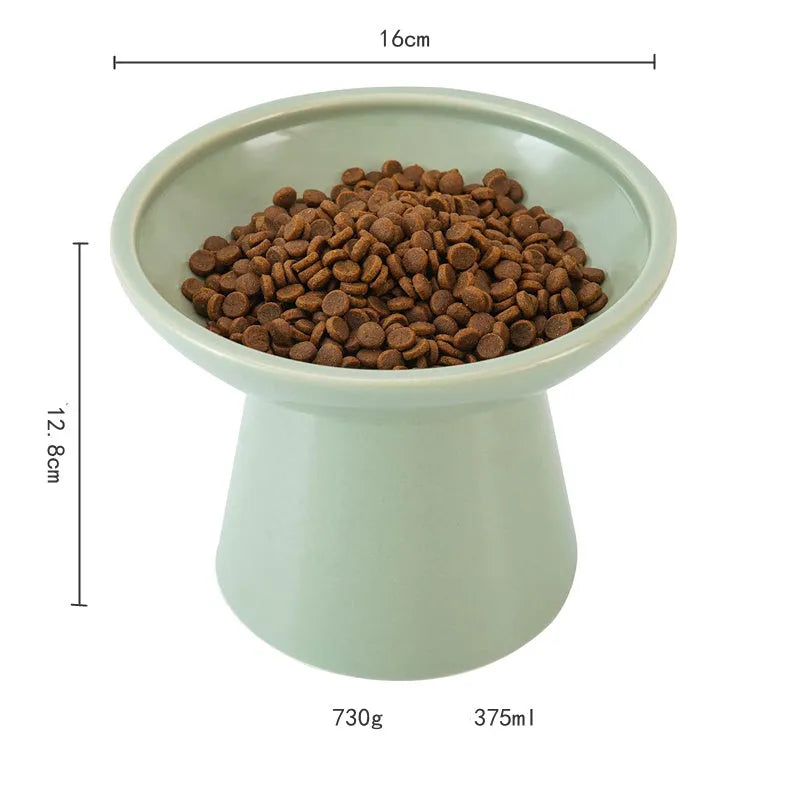 Blue ceramic elevated cat food bowl with wide shallow dish and raised base
