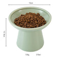 Blue ceramic elevated cat food bowl with wide shallow dish and raised base
