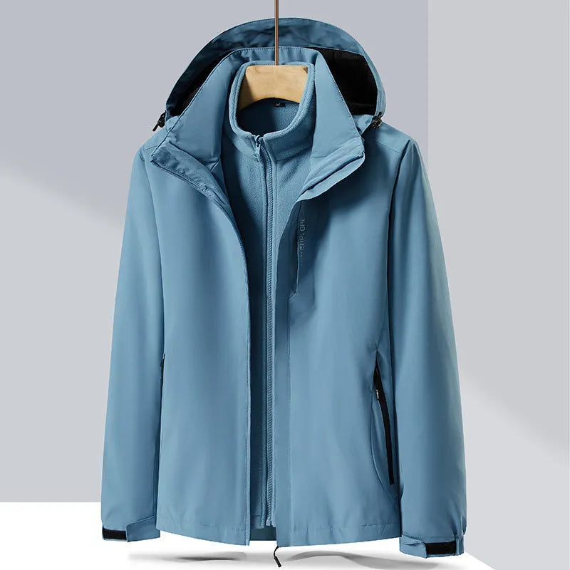 Three-in-one removable mountaineering suit in fluorescent colour with waterproof, windproof features