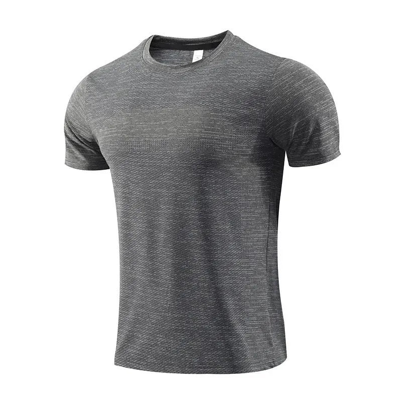 Short-sleeved red running T-shirt made from polyester spandex fabric on a size chart