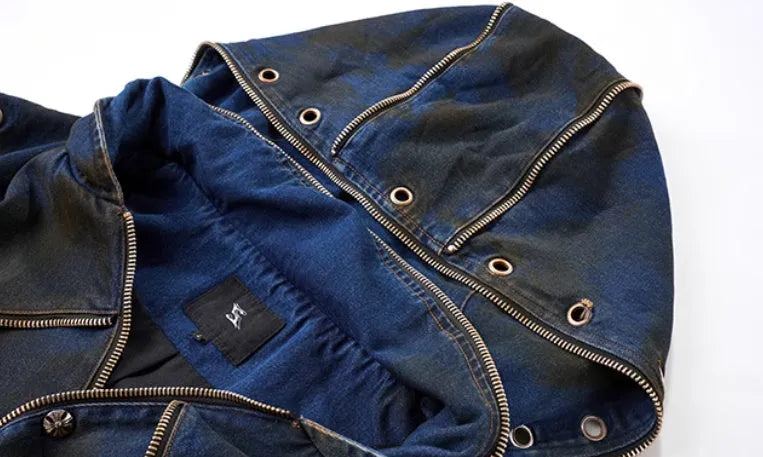 Blue hooded denim vest coat with matching trousers set in Korean style