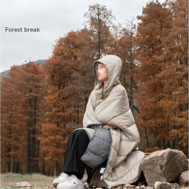 Adult-sized outdoor wearable sleeping bag cloak in Army Green colour showing convertible design