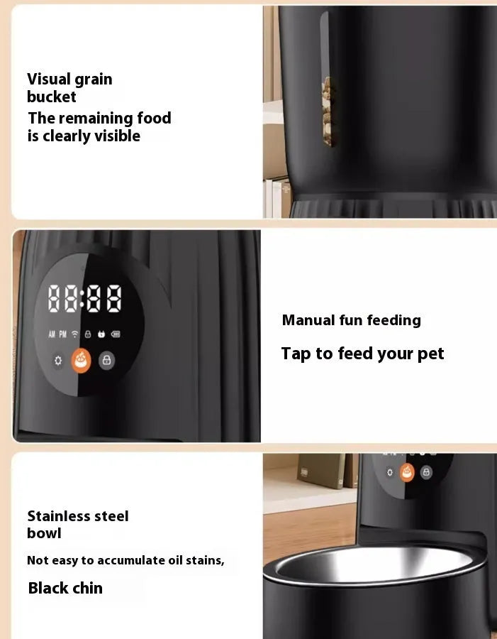 Black automatic pet feeder with digital display and food container on kitchen counter