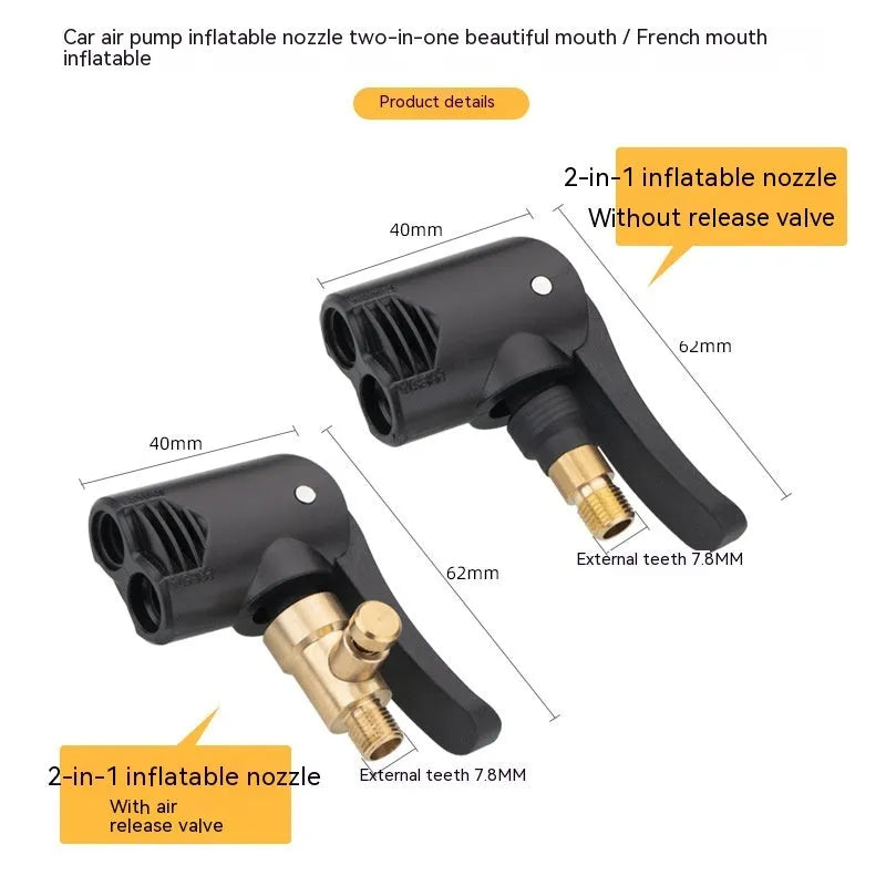 Two-in-one air compressor nozzle with two 16cm chuck connectors for vehicle tyre inflation