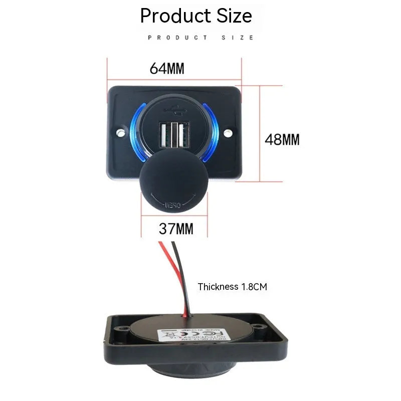 Black 12V dual USB car charger with 3.1A output and mounting screws