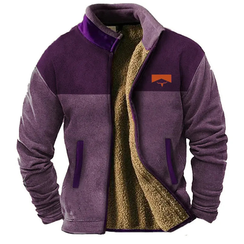 Men's green polyester fleece padded coat with a regular cut on a size chart showing S to 5XL.