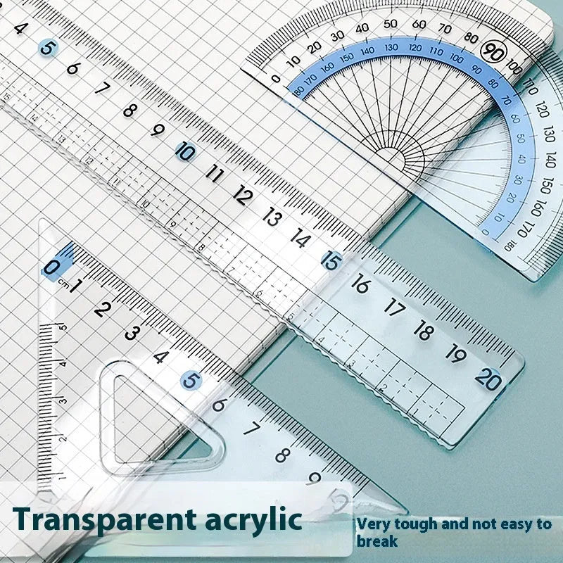 Youpai transparent acrylic drawing ruler set with square protractor and triangle rulers on a technical sketch.