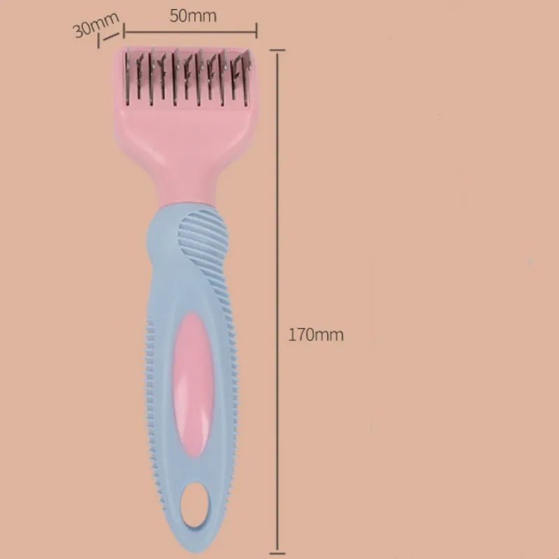 Stainless steel dog comb and knot knife set with massage brush on a pink background