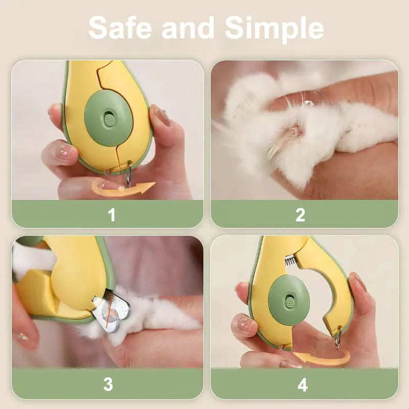 LED pet nail clipper with safety guard in green, pink and white colours for small dogs and cats