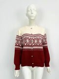 Women's grey alpaca wool cardigan with pink diamond pattern long sleeves