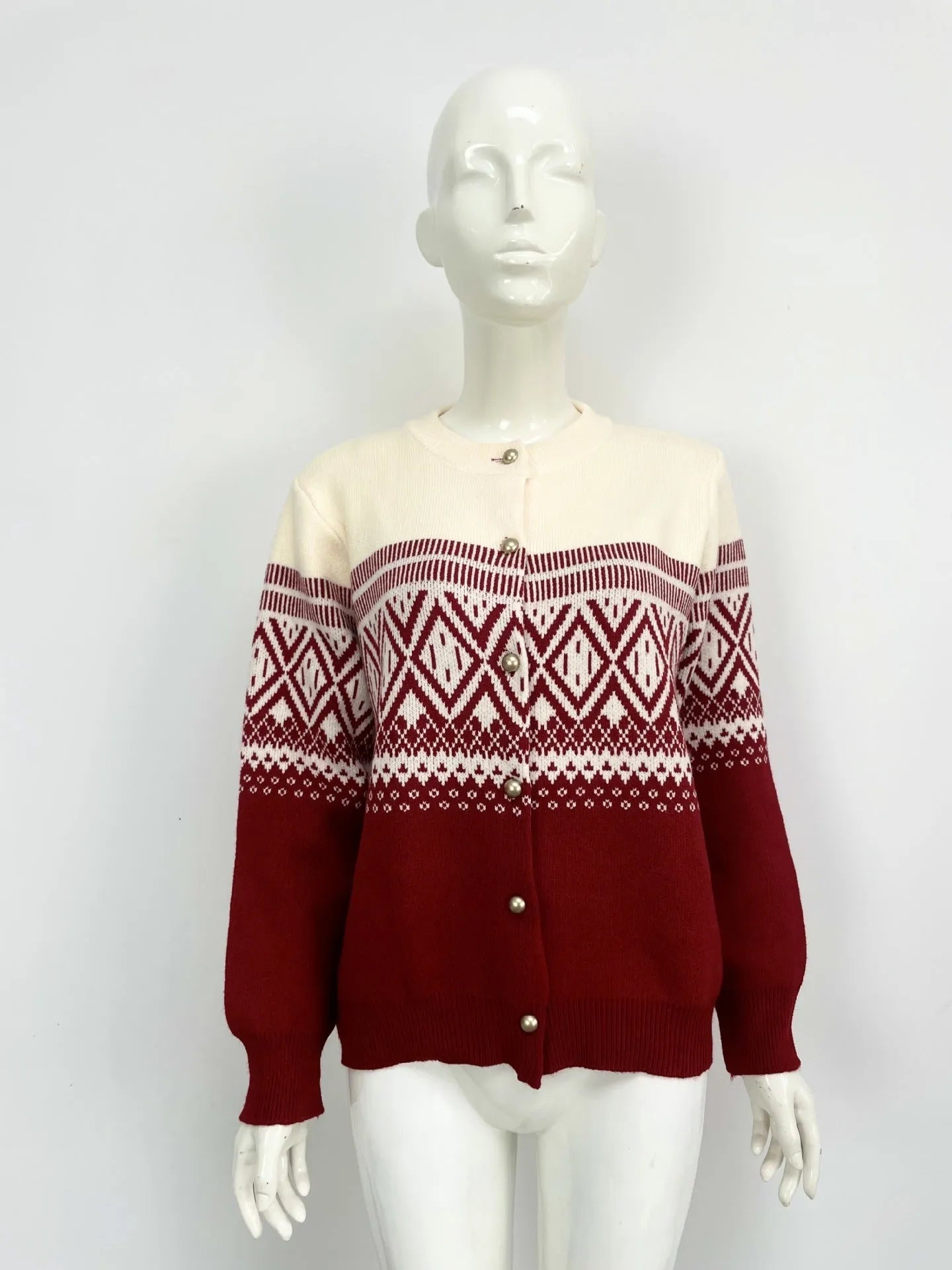 Women's grey alpaca wool cardigan with pink diamond pattern long sleeves