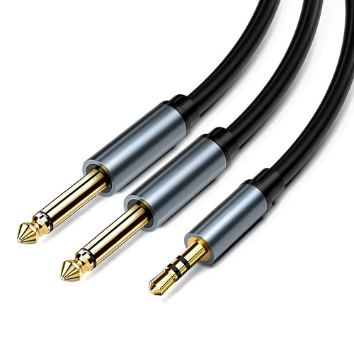 3.5mm stereo plug to two 6.35mm plug audio cable on a grey background