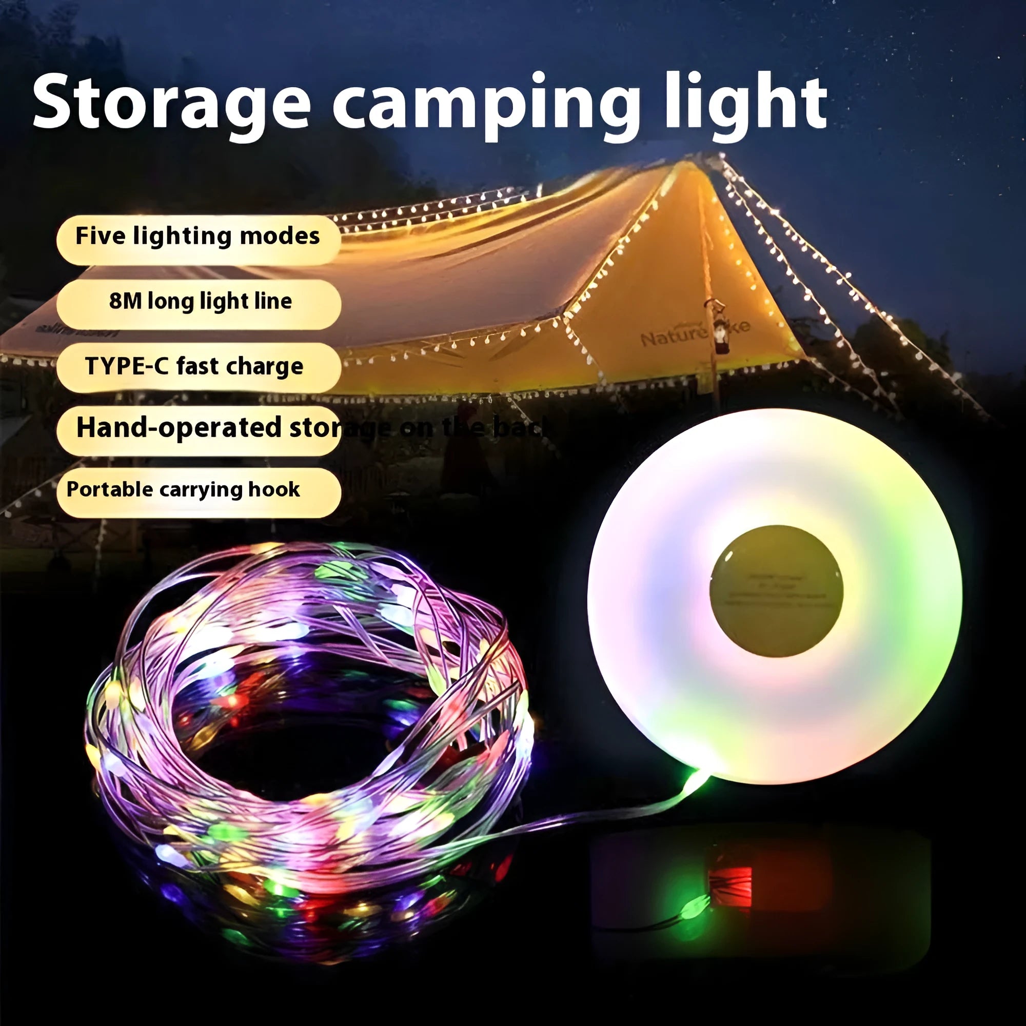 Rechargeable outdoor string lights with 30 LED beads on an 8m cable, showing both colourful and warm white light modes.