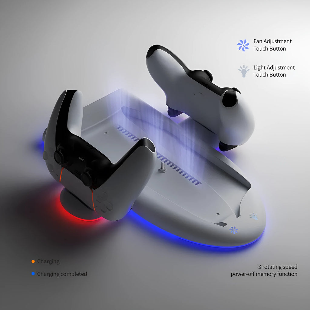 White PS5 Slim multifunctional cooler pad with charging dock and RGB lighting