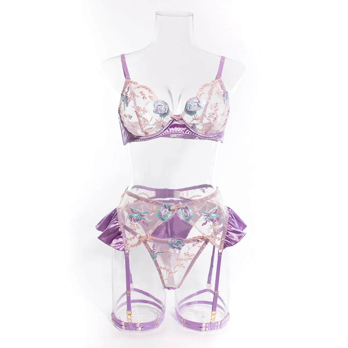 Light purple satin four-piece lingerie set shown alongside champagne colour option.