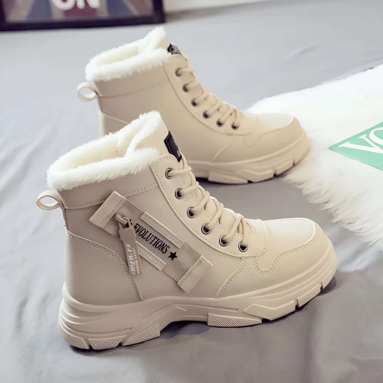 Women's plus size fleece-lined tall snow boots with mid heel and round toe in three colour options