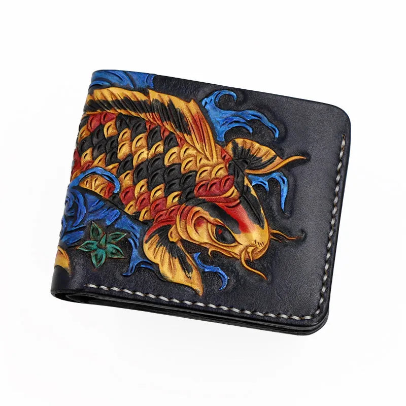 Men's handcrafted cow leather short wallet in red, blue, and gold colours showing compact size.