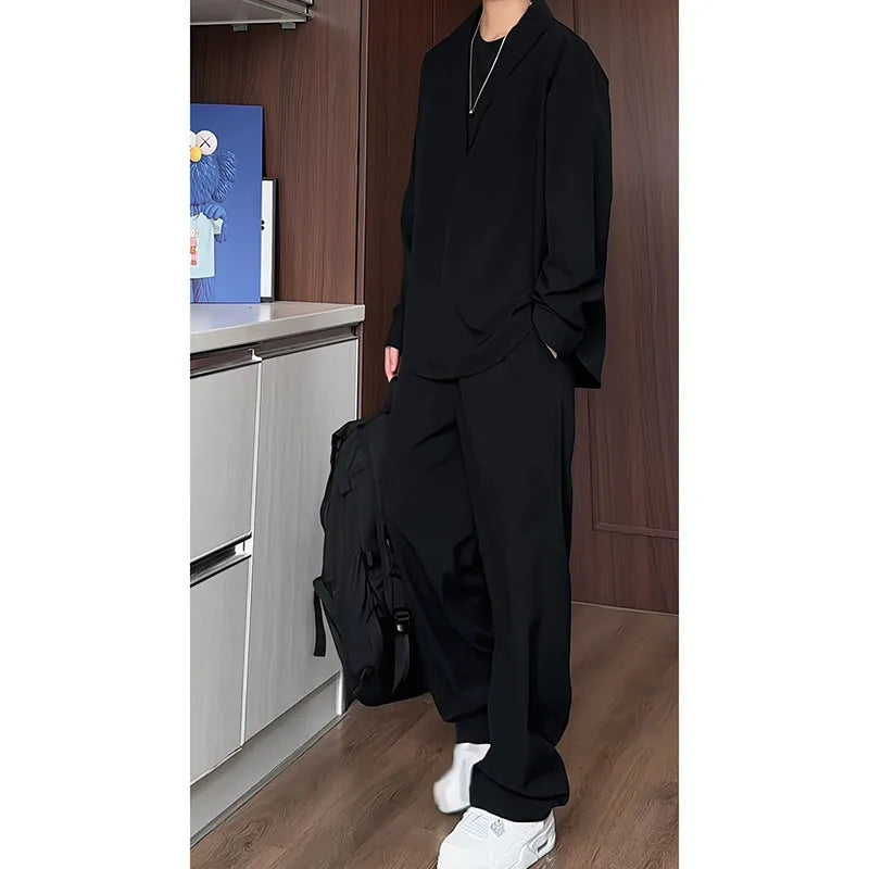 Men's black slim fit long sleeve polo shirt and trousers casual two-piece suit set