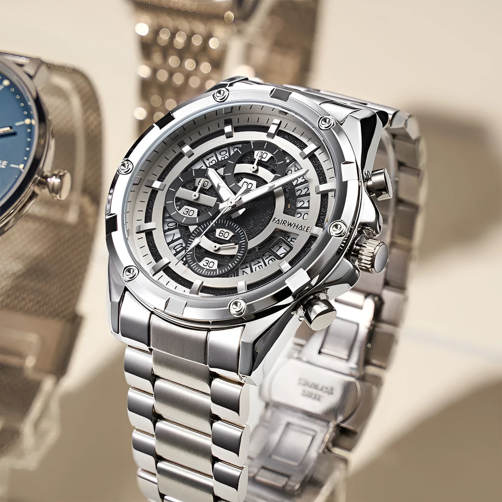 Men's waterproof luminous watch with steel belt in black and blue colour variant.