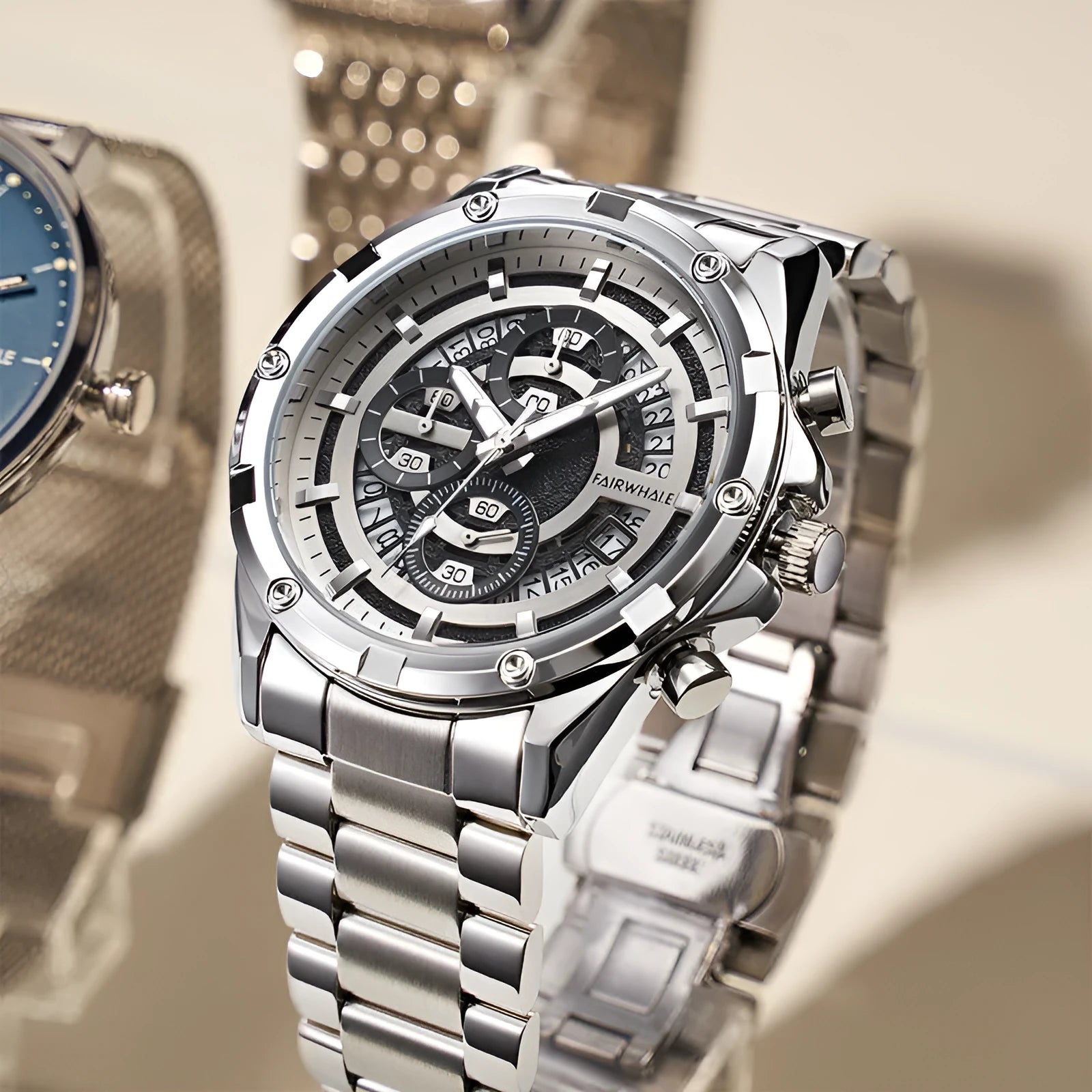 Men's waterproof luminous watch with steel belt in black and blue colour variant.