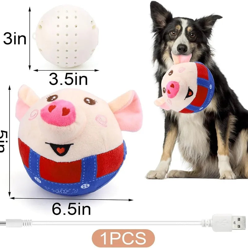 Dog plush piglet toy with electric jumping ball and recording mode for interactive pet play