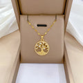 Gold plated necklace with mother pearl pendant and rhinestone lucky tree pattern on stainless steel chain