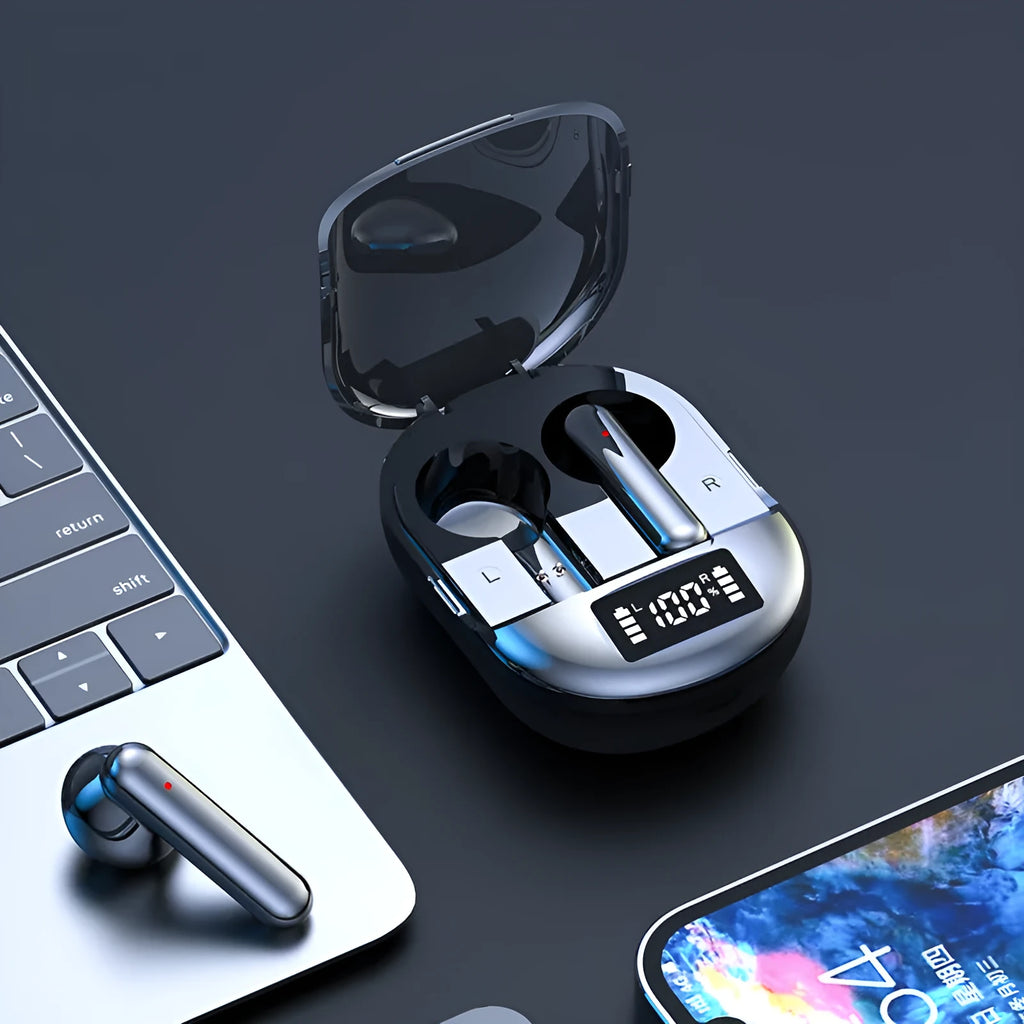 Black and white wireless Bluetooth in-ear headphones with a charging case on a plain background.