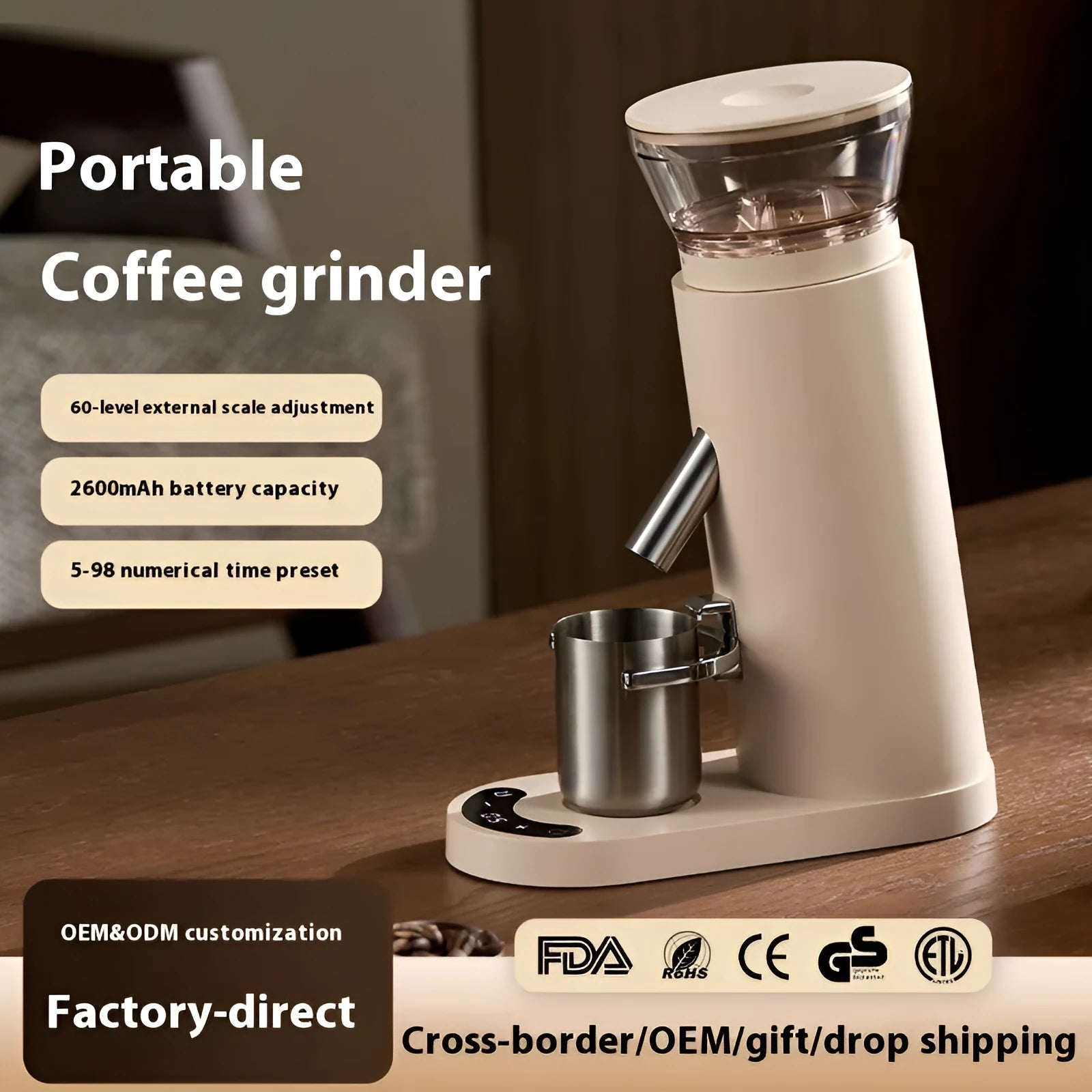 Portable automatic coffee grinder in stainless steel with 0.5L capacity