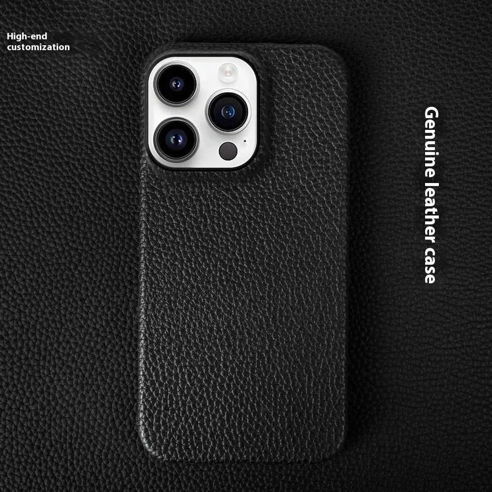 Genuine leather half pack phone case for iPhone 16 in orange colour with anti-fingerprint finish