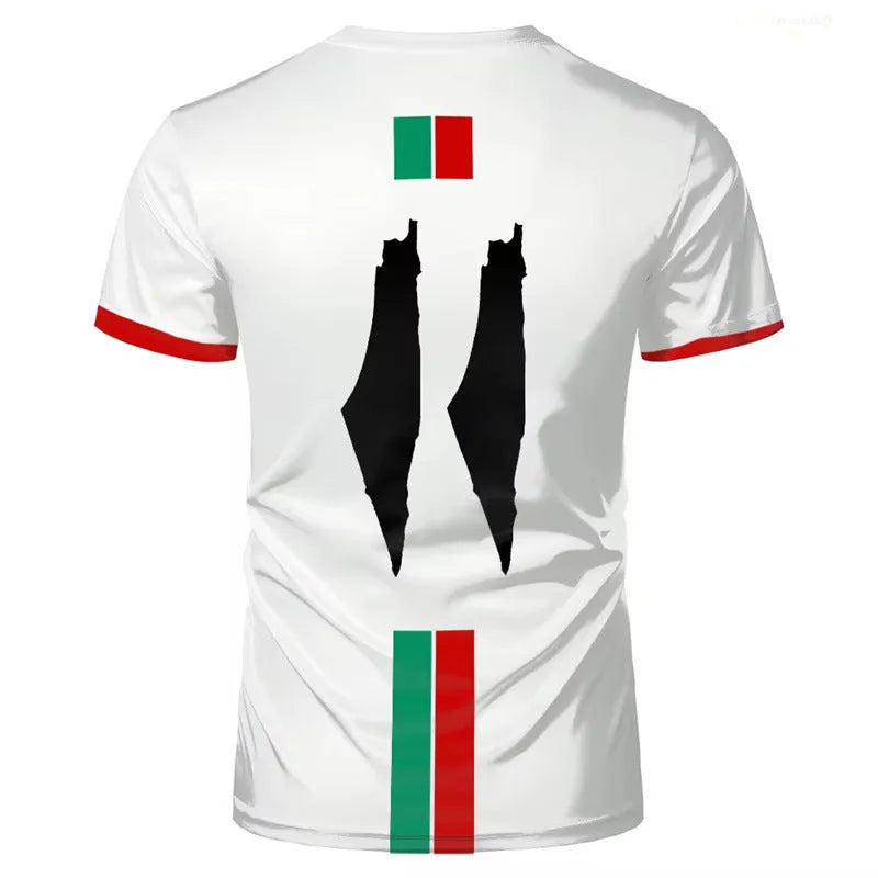 Black 3D printed football t-shirt with raised graphic on a mannequin, showing half sleeves and streetwear style.