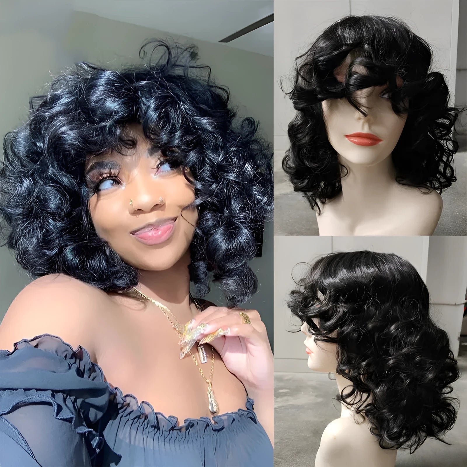 Black synthetic Afro wig with long curly texture measuring 30cm, heat resistant fibres